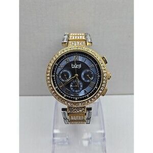Burgi Womens Two Tone Crystal Swiss Watch Blue MOP Multifunction New Battery